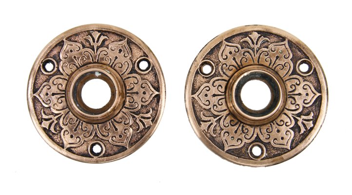 matching set of original oversized antique american 19th century ornamental cast bronze doorknob rosettes