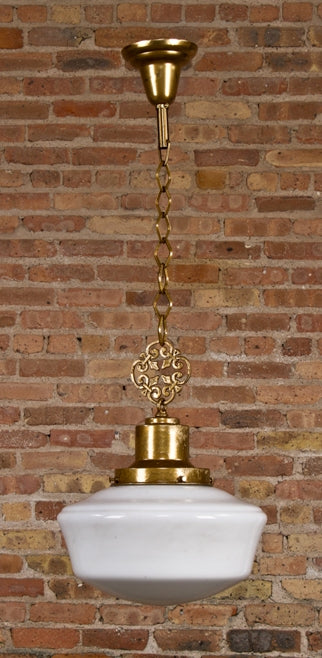 all original antique american interior commercial building "schoolhouse" ceiling pendant with white opalescent glass shade