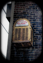 original c. 1930's single-sided die cut steel porcelain enameled "burglar alarm" exterior bank building arched sign
