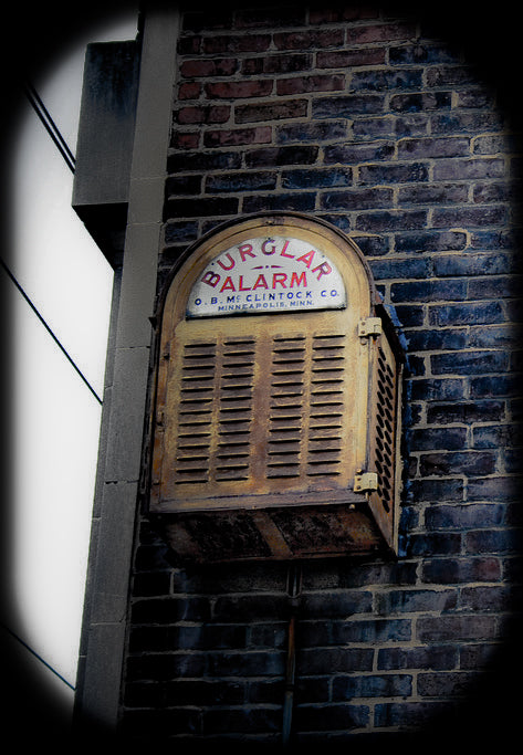 original c. 1930's single-sided die cut steel porcelain enameled "burglar alarm" exterior bank building arched sign