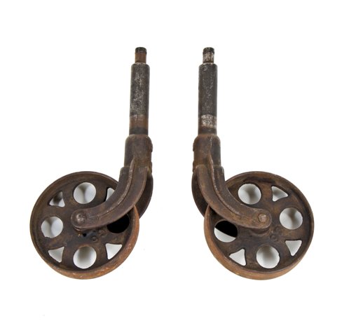 original and remarkably intact matching set of nicely aged early 20th century vintage antique american salvaged chicago industrial cast iron furniture cart replacement casters