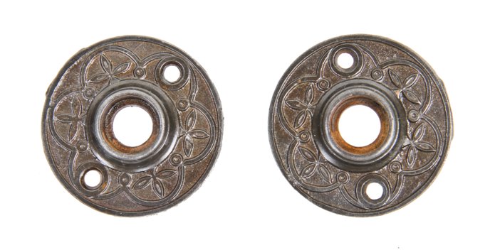 matching set of original antique american victorian era ornamental cast iron interior residential doorknob rosettes