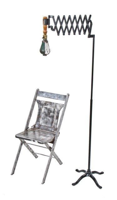 repurposed vintage american industrial extensible scissor arm bracket floor lamp with four-legged cabriole style base