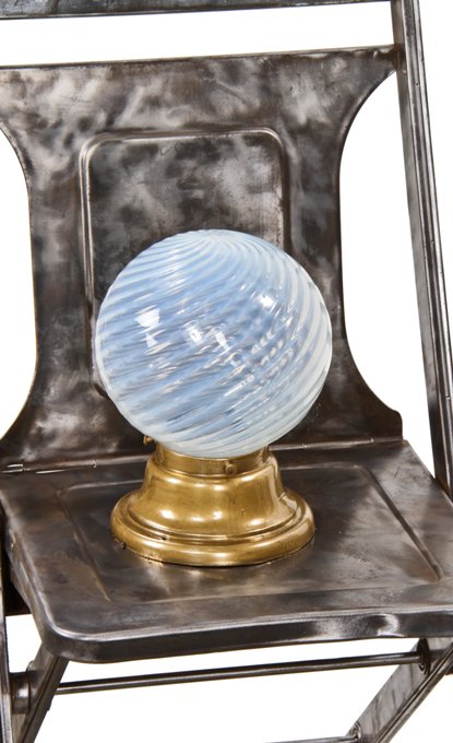 original early 20th century antique american flush mount ceiling fixture with blue opalescent swirl glass globe or shade