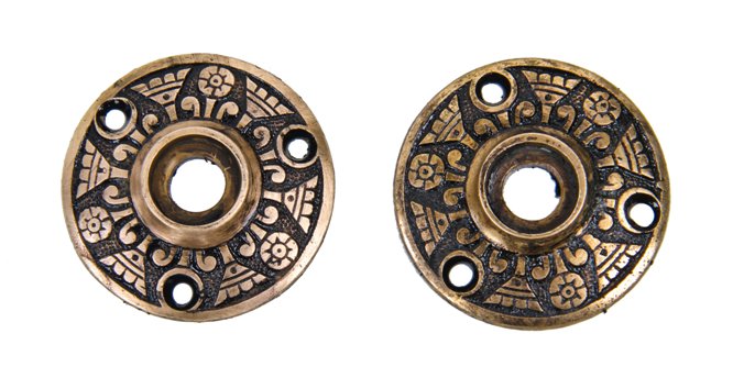 matching set of 19th century antique american victorian era ornamental cast brass passage door rosettes