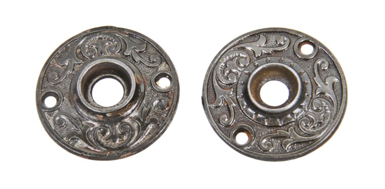 matching set of refinished late 19th century antique american ornamental cast iron interior residential doorknob rosettes