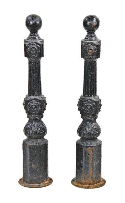matching set of original late 19th century antique american black enameled exterior ornamental cast iron ball finial newel posts