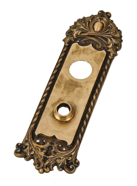 original c. 1900's ornamental cast brass "chatham" pattern residential entrance door backplate with cylinder lock opening