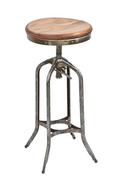late 1920's american "uhl art steel" adjustable height four-legged factory stool with solid maple wood seat