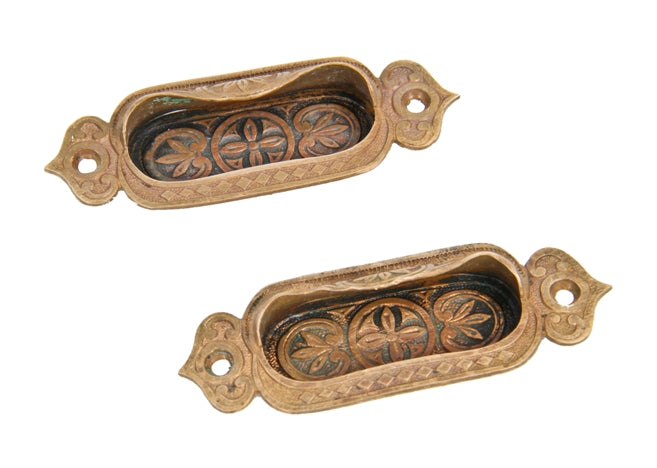 matching set of c. 1870's uniquely shaped american ornamental cast bronze interior residential window sash lifts or pulls