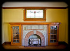 all original late 1920's american craftsman style interior residential bookcase fireplace mantel with leaded art glass cabinet doors