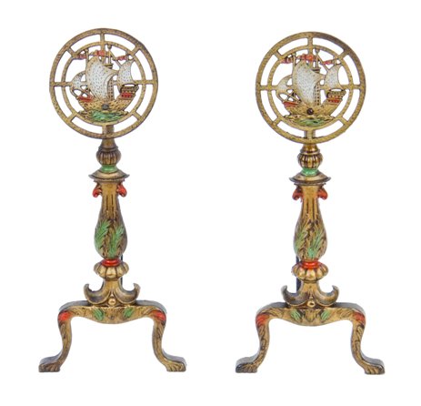 matching set of original hard to find spanish revival style polychrome enameled cast iron fireplace andirons