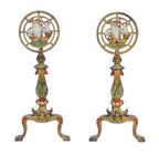 matching set of original hard to find spanish revival style polychrome enameled cast iron fireplace andirons