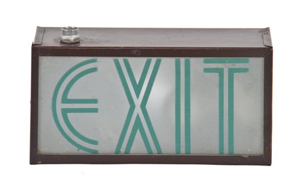 original and intact american depression era illuminated exit light "can sign" with highly stylized reverse painted glass panel