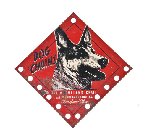 unique c. 1950's single-sided diamond shaped lithographed steel "dog chains" hardware store sign display