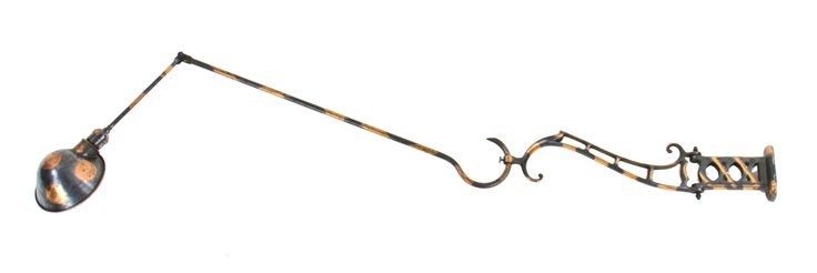 exceptionally rare early 20th century american patented faries "no. 20" adjustable bracket lamp with original oxidized copper finish and rolled rim parabolic shade