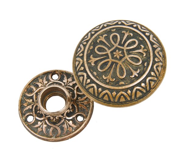 19th century antique american victorian era ornamental cast bronze y & t knurled edge doorknob with matching rosette