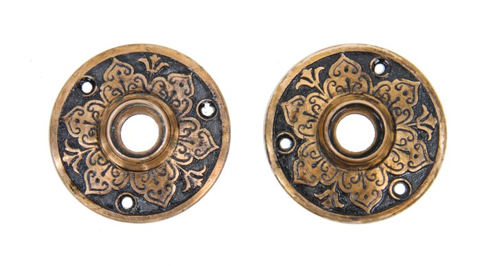 rare and hard to find original antique american oversized "real bronze" metal vestibule door circular rosettes