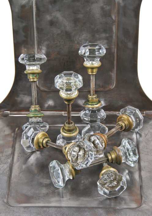 large lot of matching c. 1920's oversized multi-faceted chicago bungalow "jumbo" pressed glass doorknobs with brass shanks