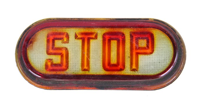 very unique american industrial single-sided pressed glass embossed letter automobile "stop" lens with "waffle" field pattern