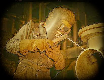 vintage c. 1950's american industrial riveted joint machine shop welder's helmet with reinforced eye shield