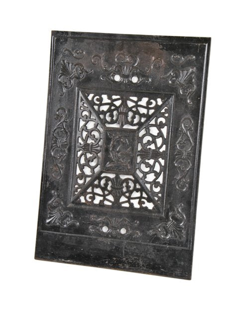 original and intact c. 1880's american victorian era pierced ornamental cast iron fireplace summer cover with original japanned finish