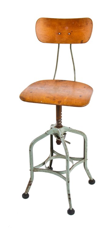 original vintage industrial adjustable height green enameled toledo stool with maple wood saddle seat and contoured backrest