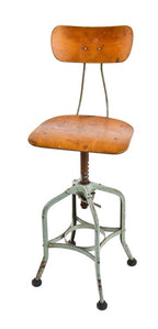 original vintage industrial adjustable height green enameled toledo stool with maple wood saddle seat and contoured backrest