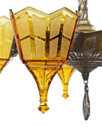 c. 1930's american depression era fully functional art deco style five-light slip shade interior residential ceiling fixture with uniquely shaped pressed amber glass shades