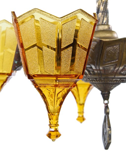 c. 1930's american depression era fully functional art deco style five-light slip shade interior residential ceiling fixture with uniquely shaped pressed amber glass shades