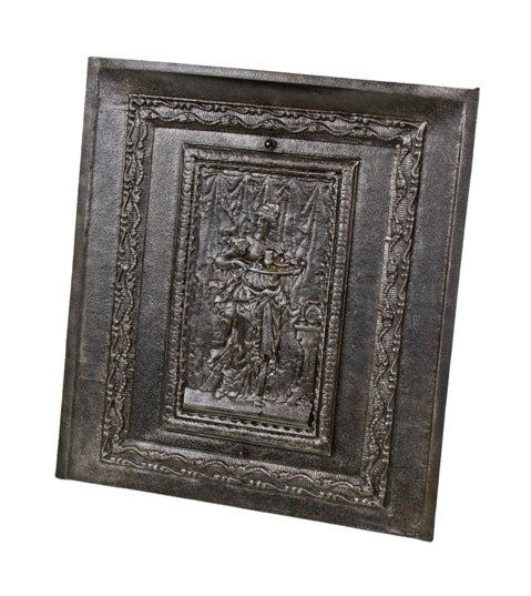 unusual late 19th century ornamental cast iron black enameled fireplace summer cover featuring a chambermaid with serving tray
