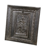 unusual late 19th century ornamental cast iron black enameled fireplace summer cover featuring a chambermaid with serving tray