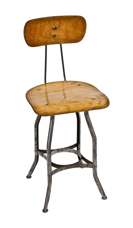 1930's vintage industrial "uhl art steel" factory saddle seat work stool with pressed and folded steel legs