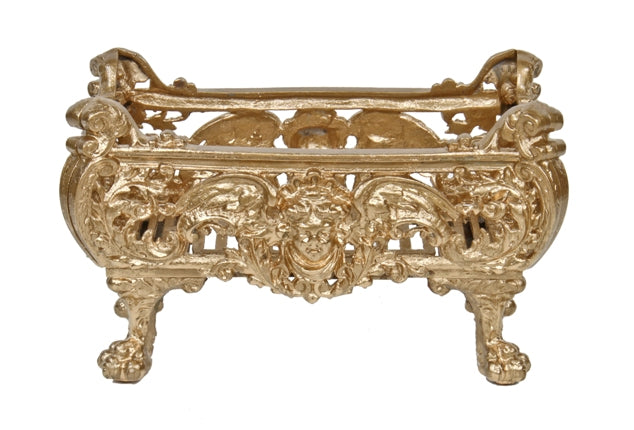 rare late 19th century antique american victorian era gold enameled ornamental cast iron fireplace coal basket with winged cherubs