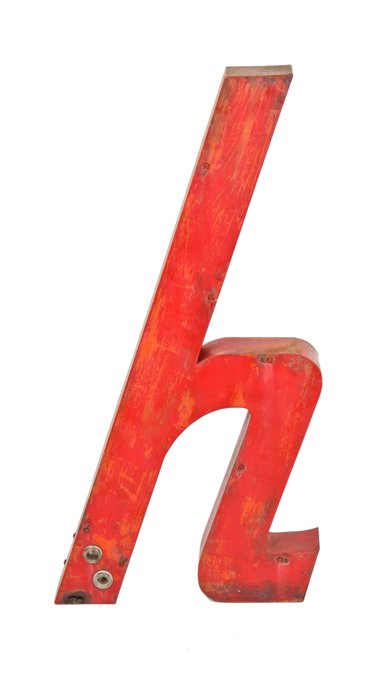 very unique oversized c. 1940's exterior bowling alley pressed and folded steel letter sign with old red paint finish