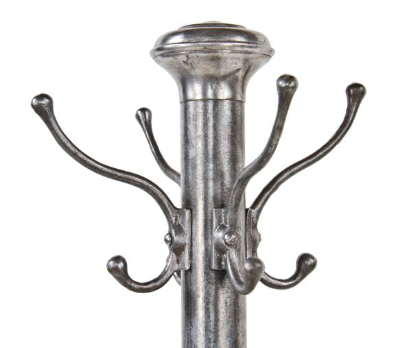 refinished vintage american industrial brushed metal freestanding coat or hat rack with four-legged tubular steel base