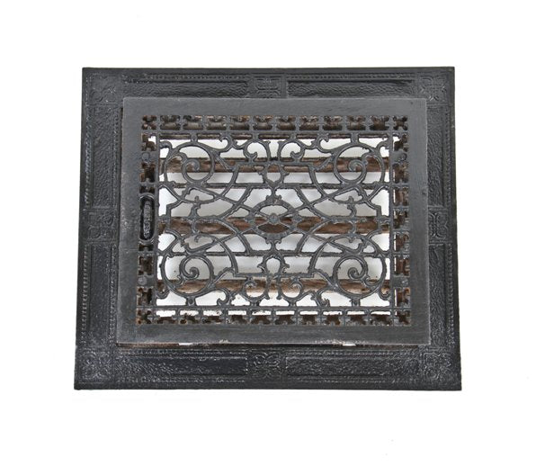 original late 19th century american victorian era black enameled ornamental cast iron louvered floor grate with matching surround
