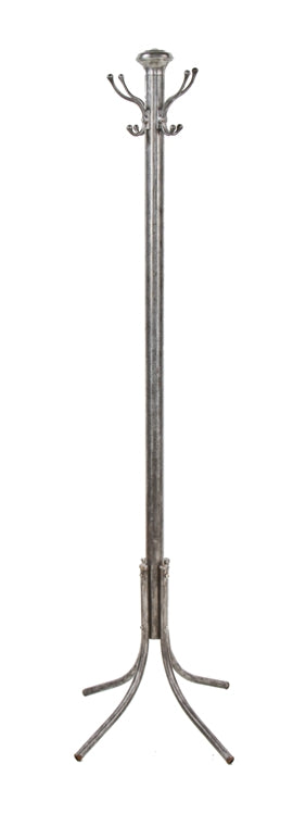 refinished vintage american industrial brushed metal freestanding coat or hat rack with four-legged tubular steel base