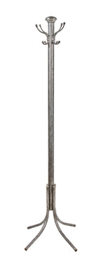 refinished vintage american industrial brushed metal freestanding coat or hat rack with four-legged tubular steel base