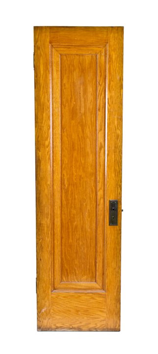 original c. 1920's american interior residential golden oak wood closet door with brass-plated ball finial hinges