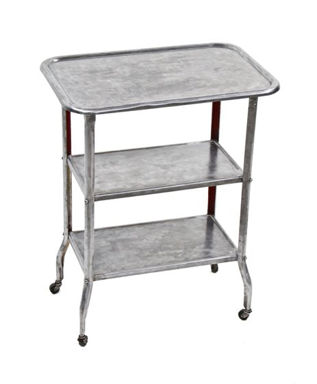 refinished c. 1930's vintage medical three tier pressed and folded steel hospital operating room mobile supply cart with original casters
