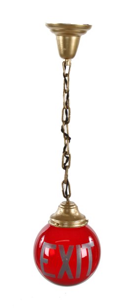 c. 1930's vintage american interior commercial building exit pendant light with oversized ruby red glass globe or shade