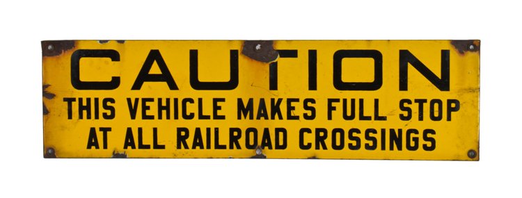 original c. 1930's depression era single-sided yellow porcelain enameled die cut steel tanker truck railroad cautionary sign