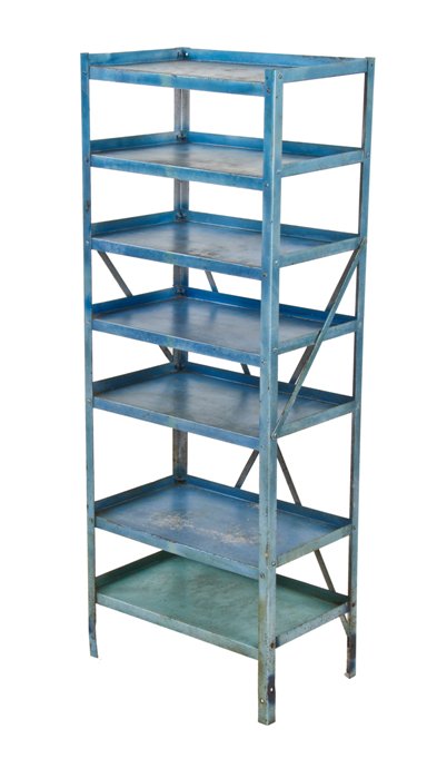c. 1940's vintage industrial heavy gauge steel general electric factory "small parts" freestanding shelving unit with old blue paint finish