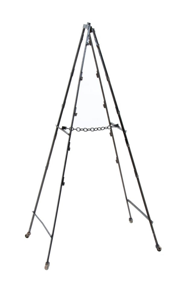 c. 1920's vintage american industrial collapsible black enameled a-frame welded joint steel display rack with intact rollers