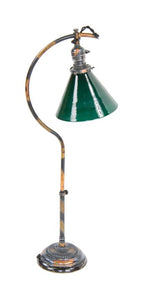 all original c. 1900-05 american industrial oxidized copper bent tubular brass table or desk lamp with green cased glass shade