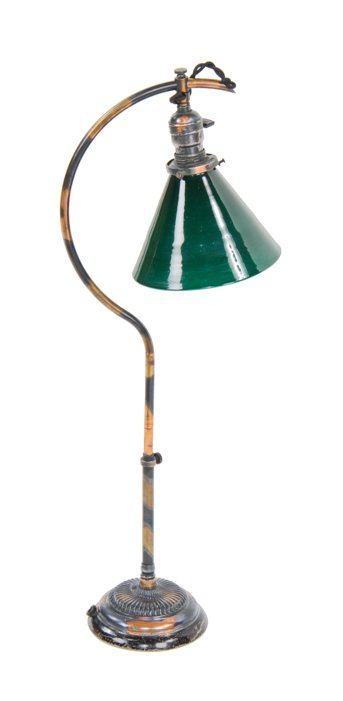 all original c. 1900-05 american industrial oxidized copper bent tubular brass table or desk lamp with green cased glass shade