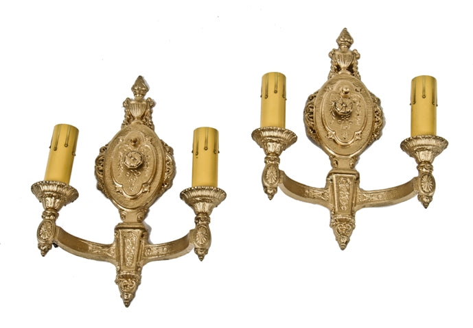 set of c. 1920's gold enameled cast aluminum interior residential double arm electric candle wall sconces