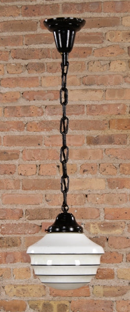 c. 1930's american art deco style interior woolworths store single light pendant fixture with "stepped" profile globe