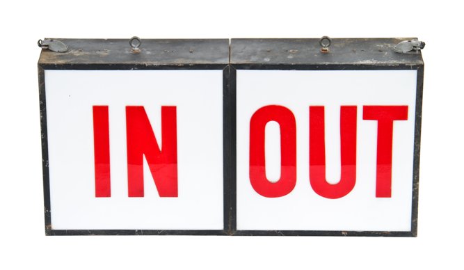 original interconnected vintage outdoor drive-in theater illuminated  "in & out" parking gate double-sided hanging can sign